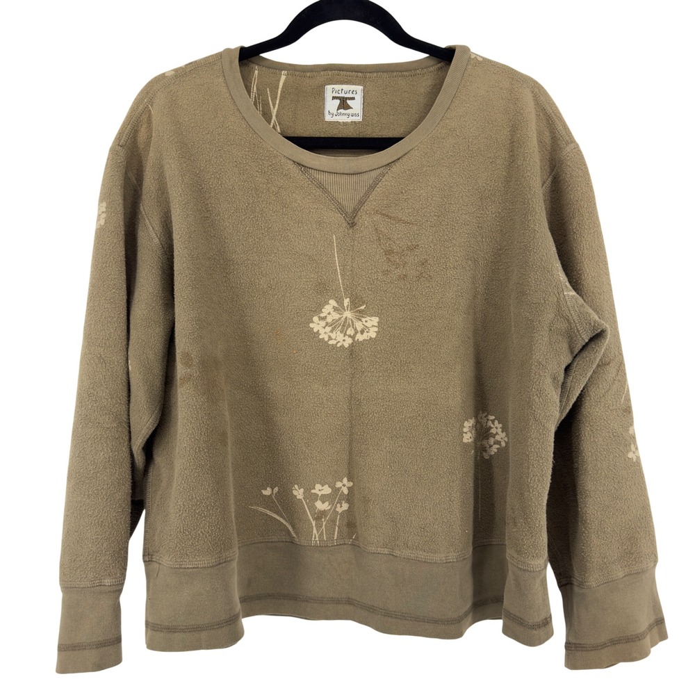 Pictures by Johnny Was Fleece Sweatshirt Olive Green Floral Pullover UF7019 L